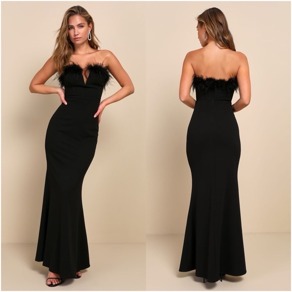 LULU’S Extraordinary Glam Black Feather Strapless Mermaid Maxi Dress - Picture 1 of 9